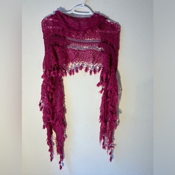 PURPLE CROCHET LACE LOOK SCARF FRINGE, SHAWL WRAP - Picture 7 of 9